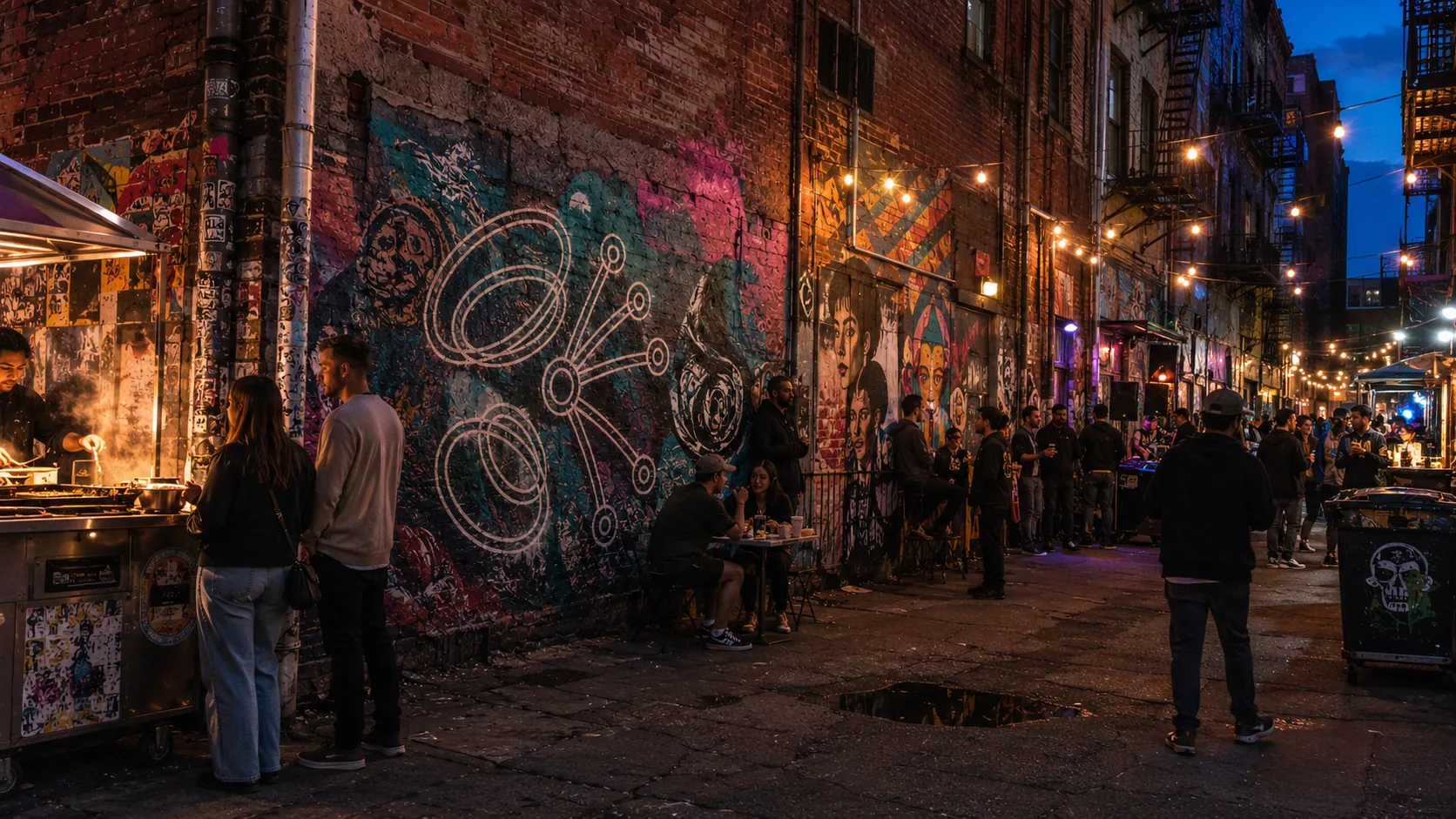 A rendering of a mural district at night: the mark painted in white line work on a brick wall among other murals, string lights overhead, people gathered in the alley
