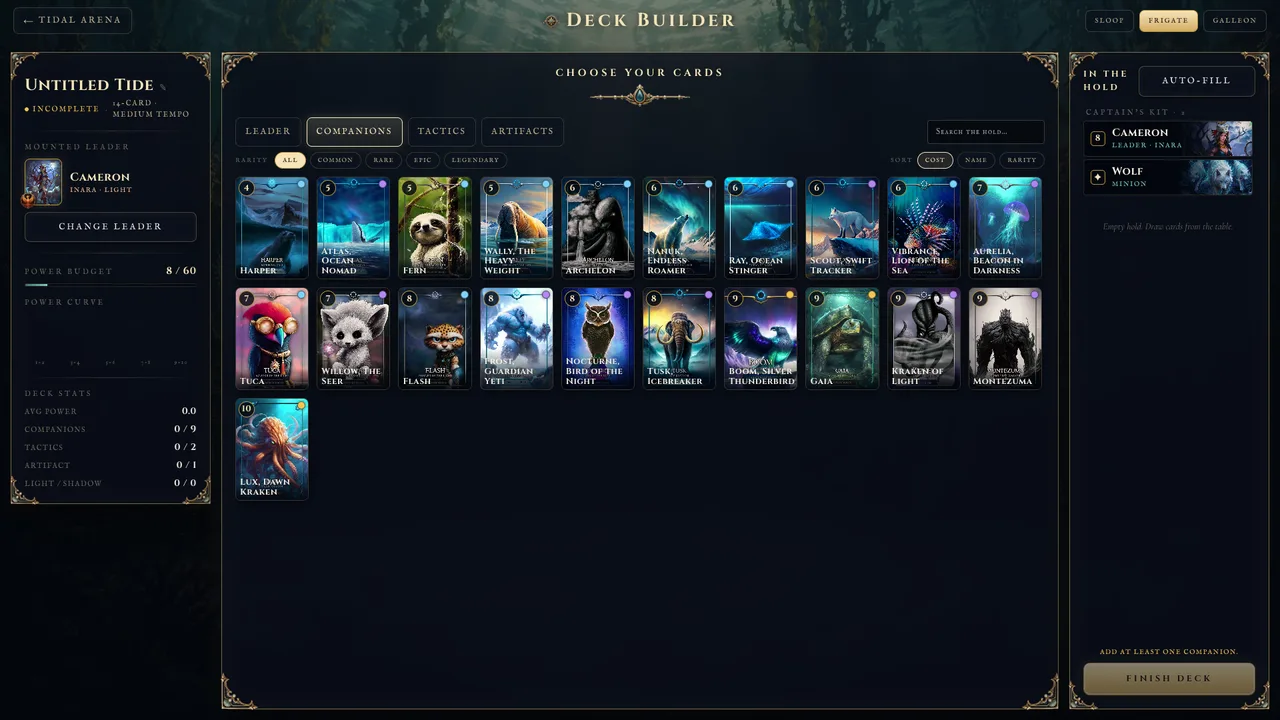 The deckbuilder, an Ancient Oasis game screen
