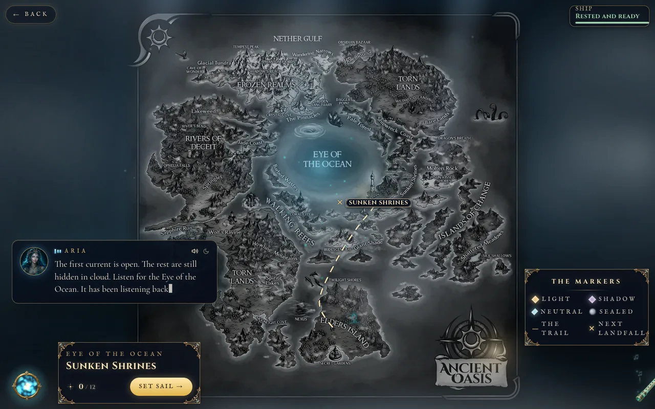 The map, an Ancient Oasis game screen